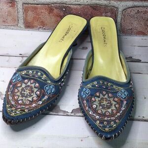 Size 7.5 Boho mules in teal with sequins and beaded detail.